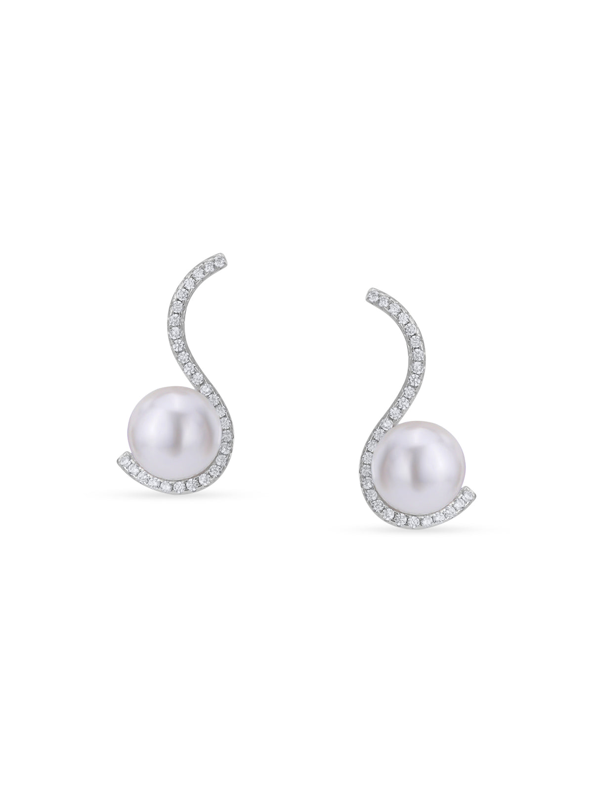 Detailed close up of SIJA Modern Pearl Swirls Stud showing lustrous pearl with delicate silver swirl craftsmanship