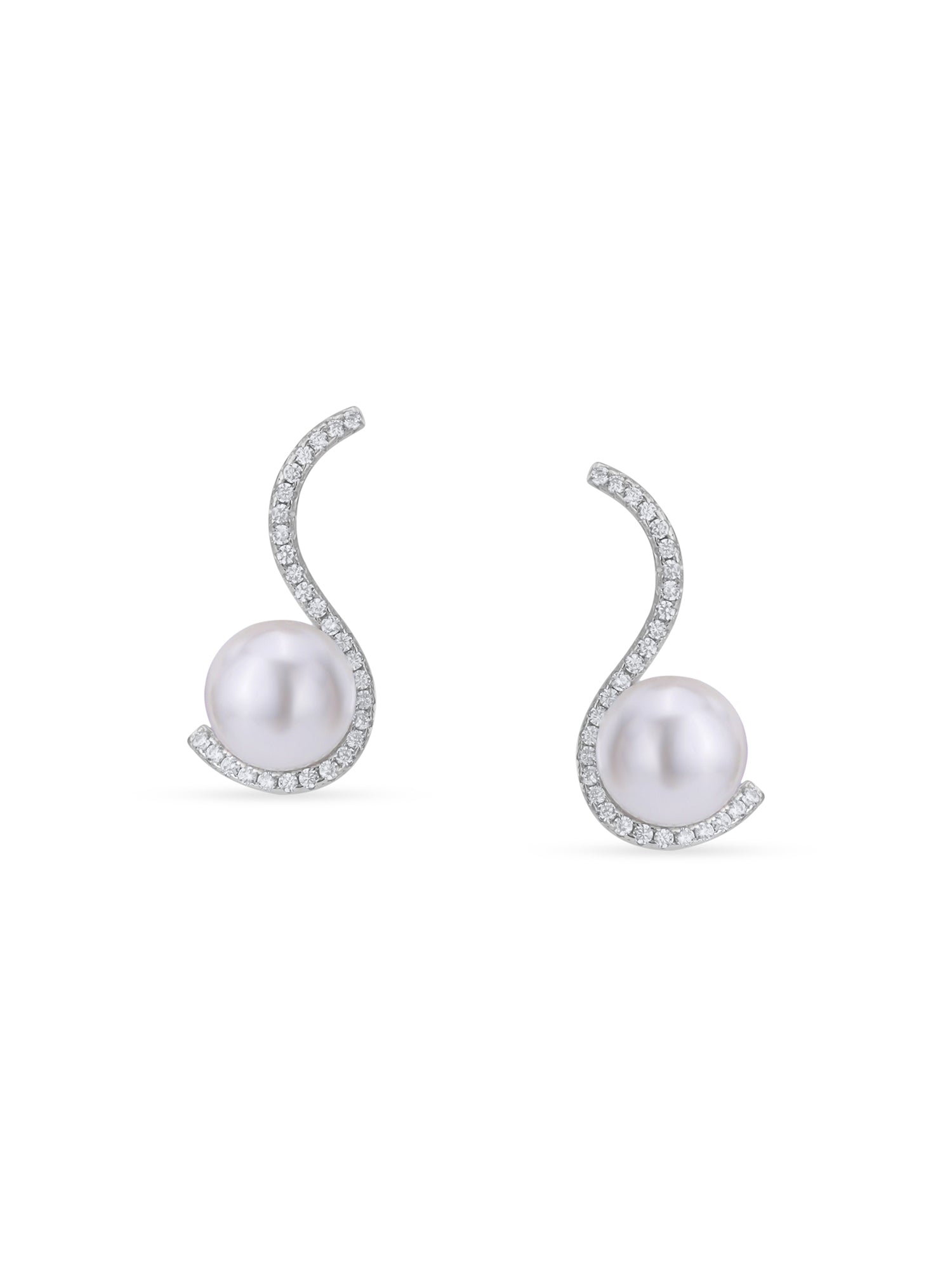 Detailed close up of SIJA Modern Pearl Swirls Stud showing lustrous pearl with delicate silver swirl craftsmanship