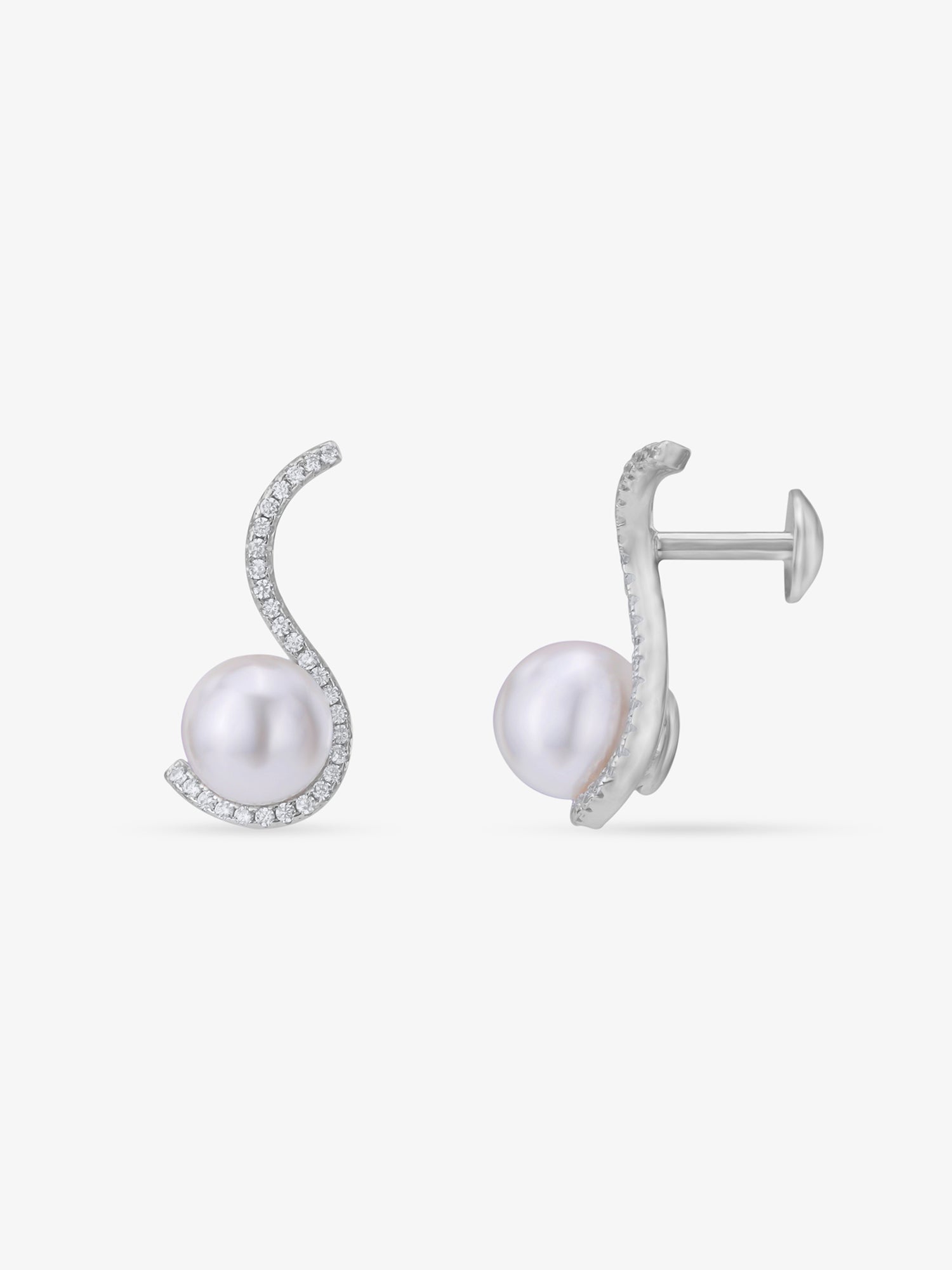Side view of SIJA 925 Silver Modern Pearl Swirls Stud highlighting sleek silver setting with pearl swirl charm