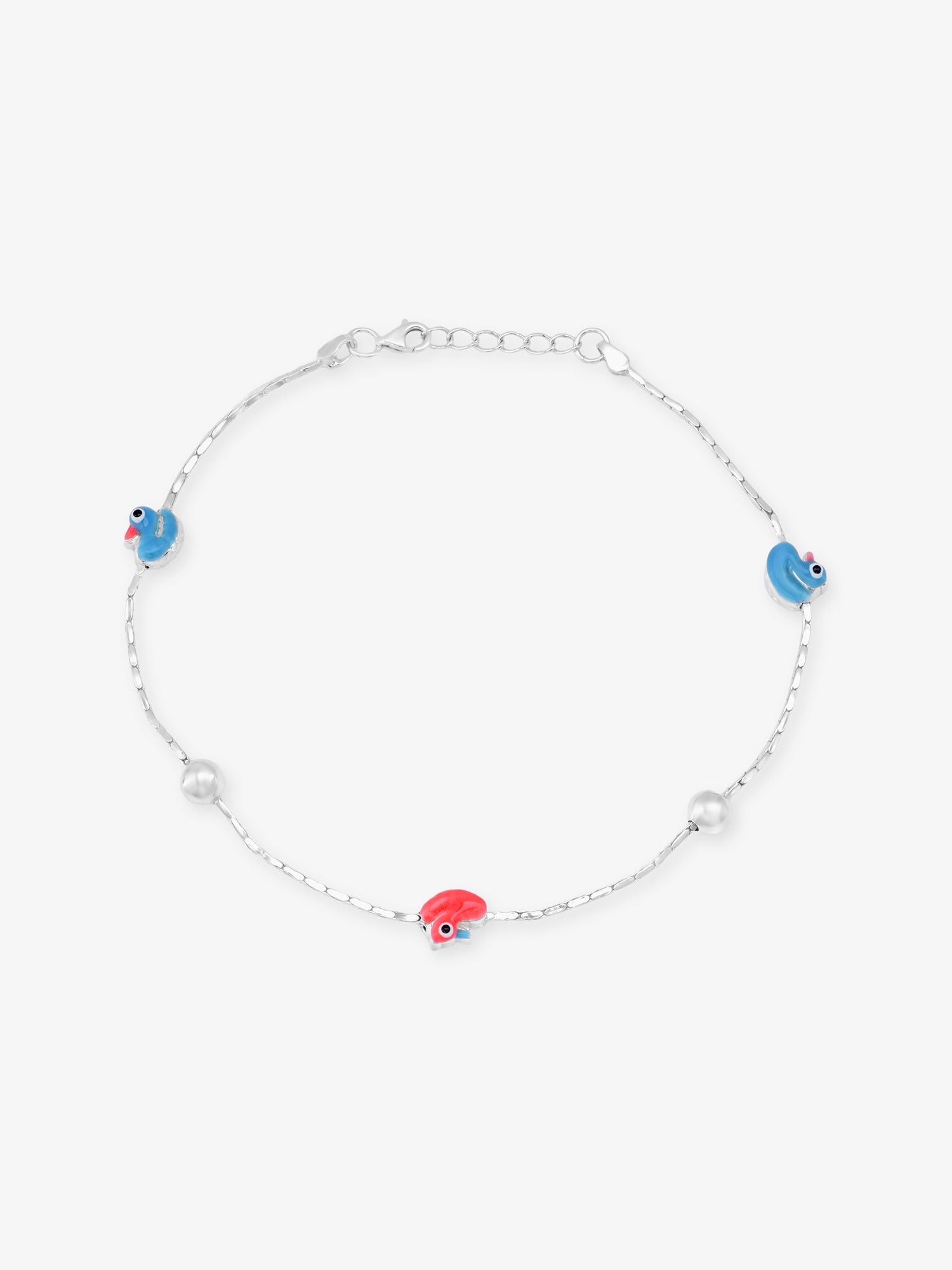 SIJA Orange and Peacock Green Duck Glow Anklet 925 silver jewellery playful kids anklet front view