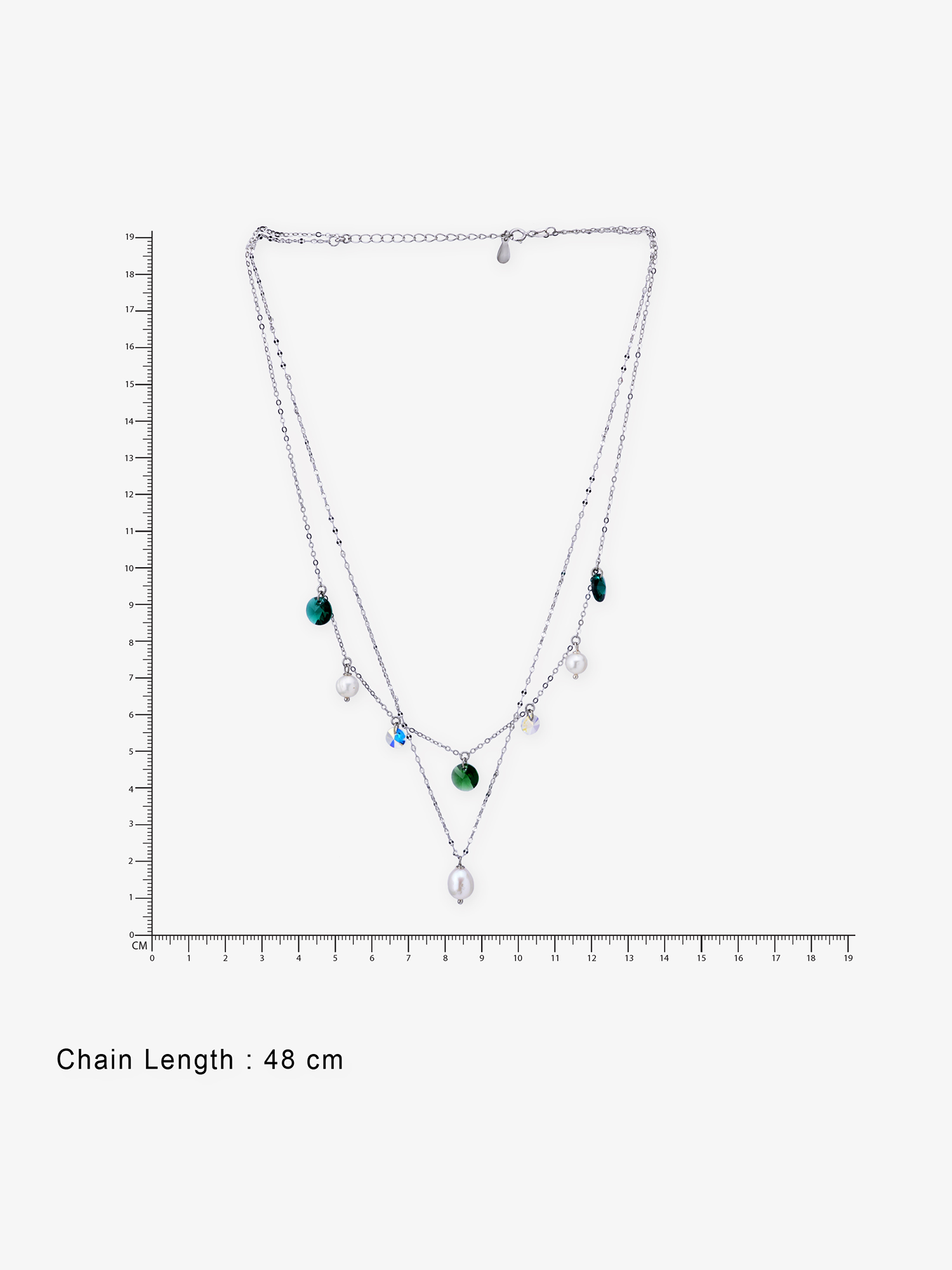 Reverse of SIJA Pearl and Green Chain Necklace showing BIS 925 hallmark stamp certified sterling silver jewellery made in India
