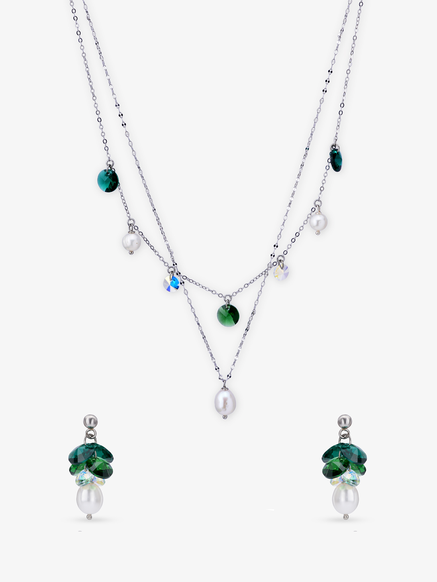 SIJA 925 Silver Pearl and Green Chain Necklace with Earrings sterling silver jewellery full front hero view festive accessory