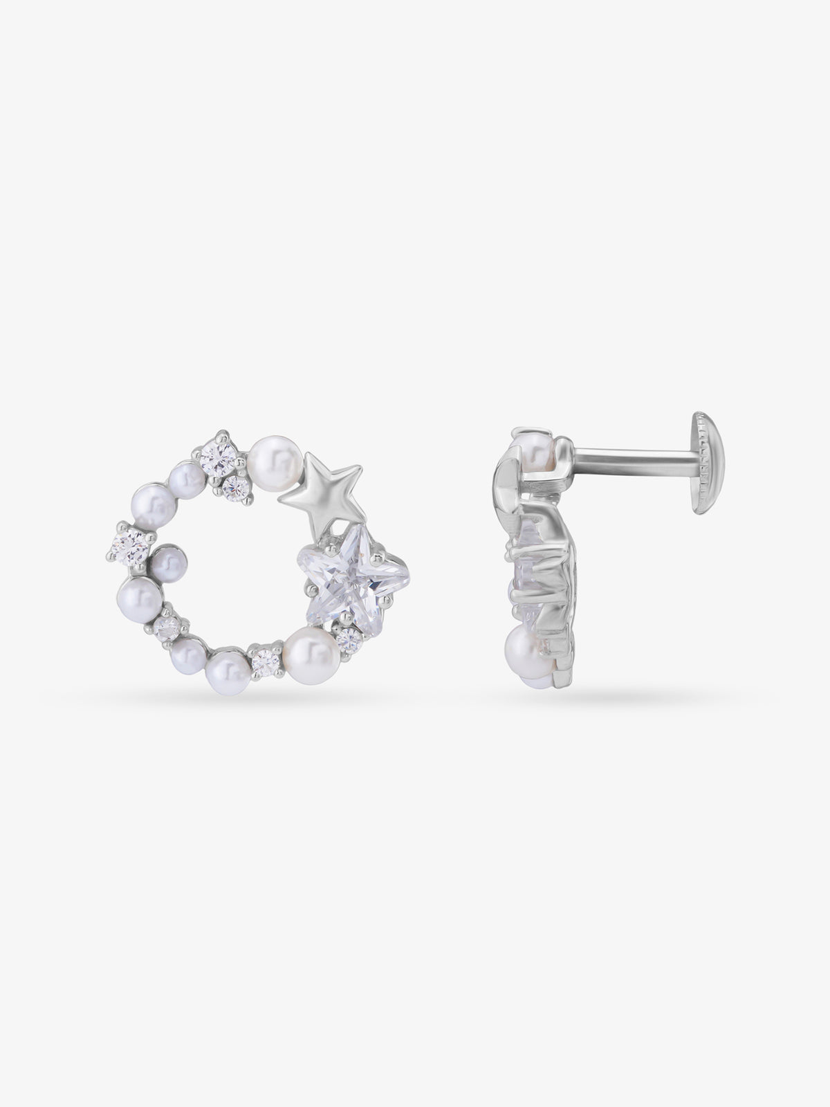 Side view of SIJA 925 Silver Pearl & Starlet Stud highlighting sleek silver setting with pearl and starlet charm