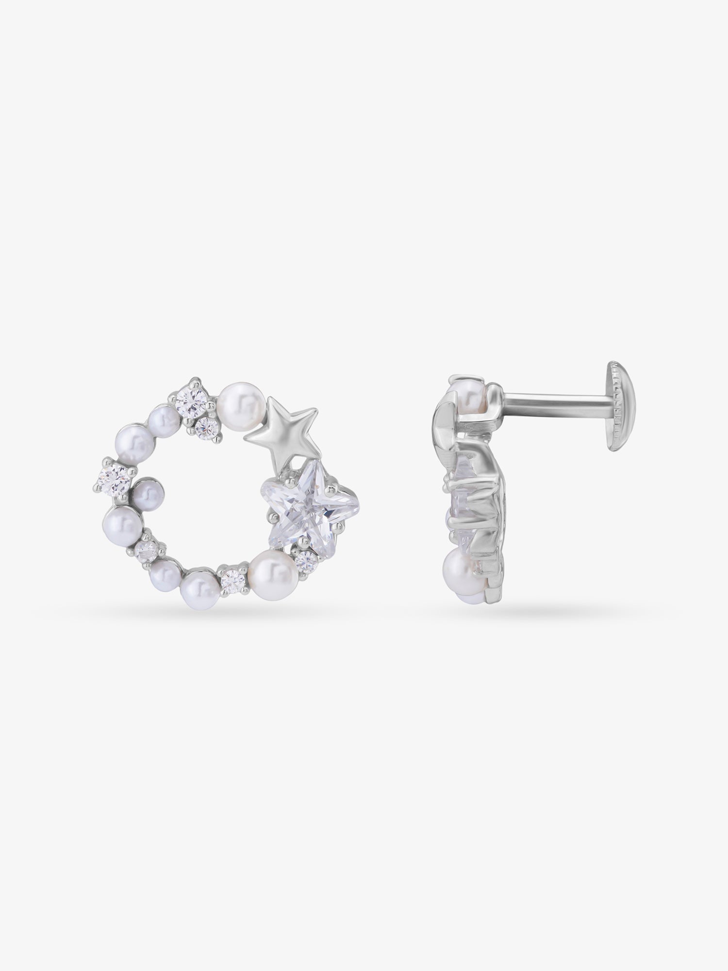 Side view of SIJA 925 Silver Pearl & Starlet Stud highlighting sleek silver setting with pearl and starlet charm