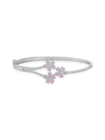 Detailed close up of SIJA 925 Silver Pink Blossom Cuff Bracelet showing delicate pink blossom floral charm and handcrafted silver finish