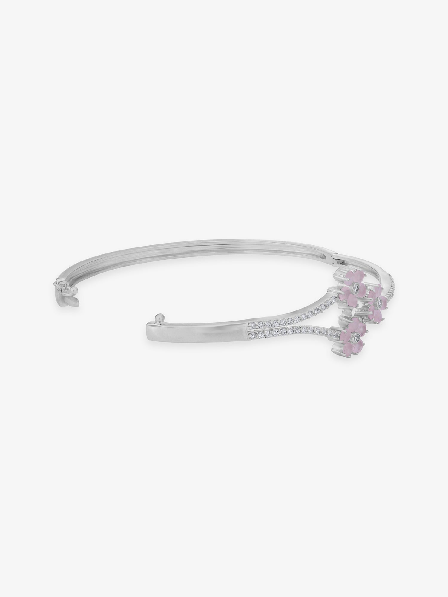 Side profile of SIJA 925 Silver Pink Blossom Cuff Bracelet highlighting durable sterling silver craftsmanship and floral charm placement