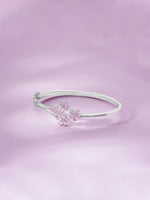 Detailed close up of SIJA 925 Silver Pink Blossom Cuff Bracelet showing delicate pink blossom floral charm and handcrafted silver finish