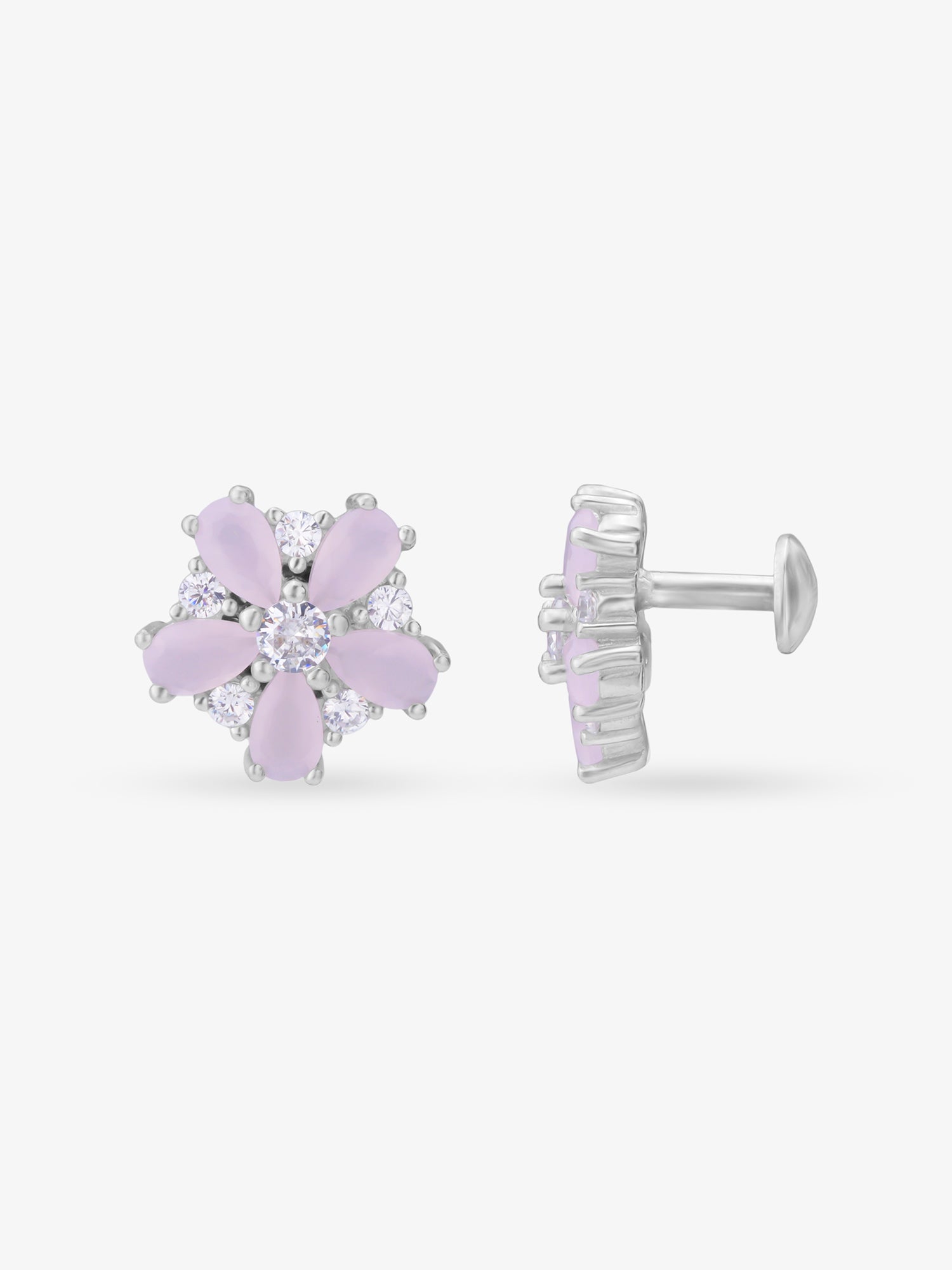 Side view of SIJA 925 Silver Blossom Stud highlighting sleek silver setting and blossom charm