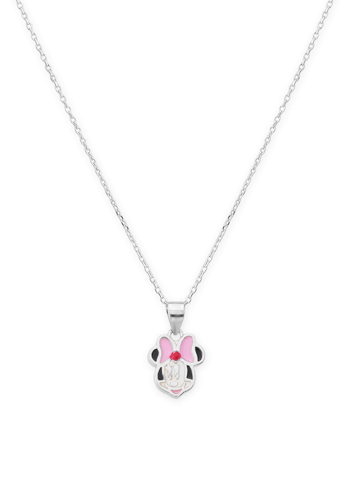 Close‑up of SIJA 925 silver Pink Bow Minnie Necklace showing pink bow Minnie pendant detailing and handcrafted sterling silver design