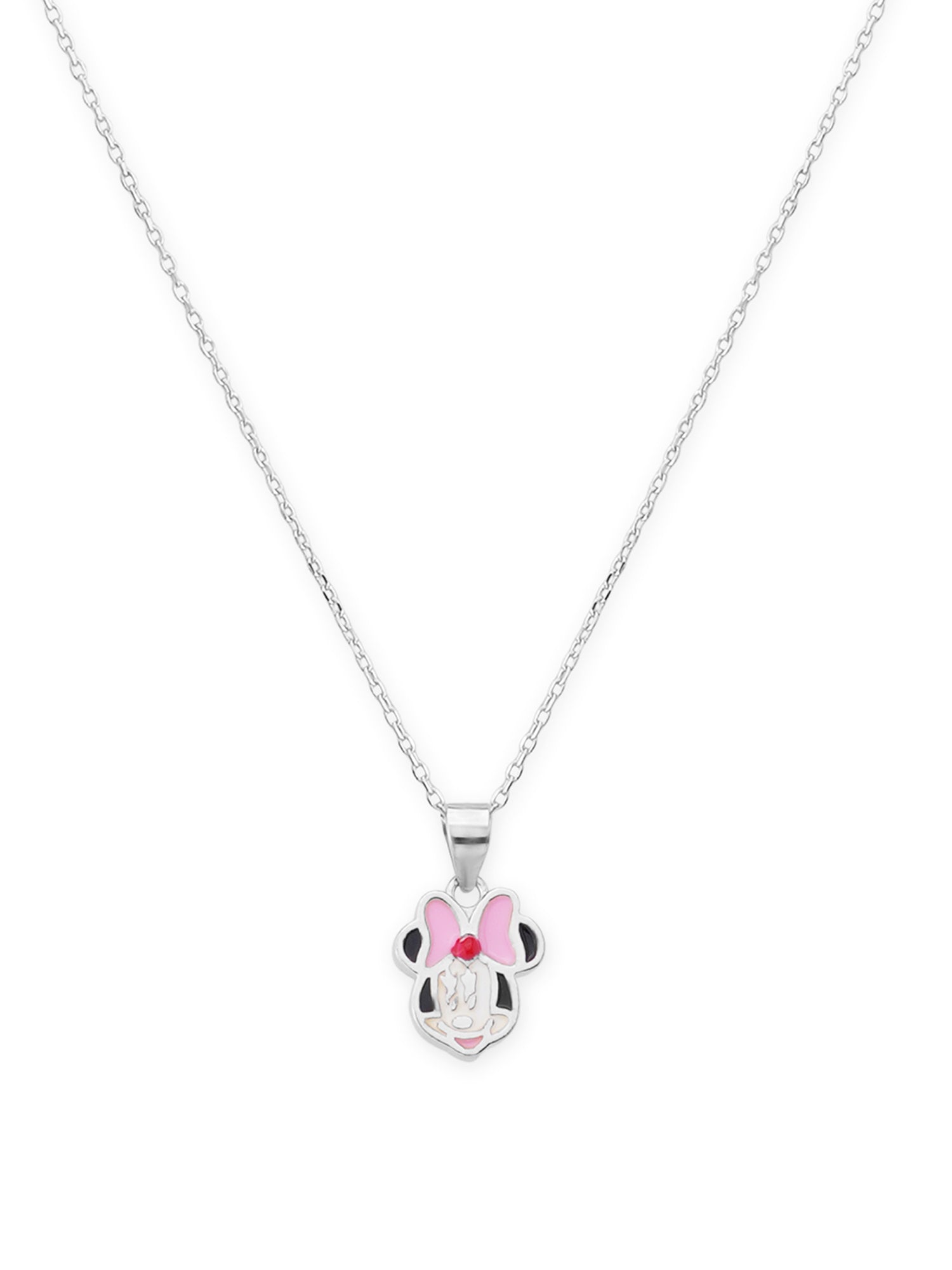 Close‑up of SIJA 925 silver Pink Bow Minnie Necklace showing pink bow Minnie pendant detailing and handcrafted sterling silver design