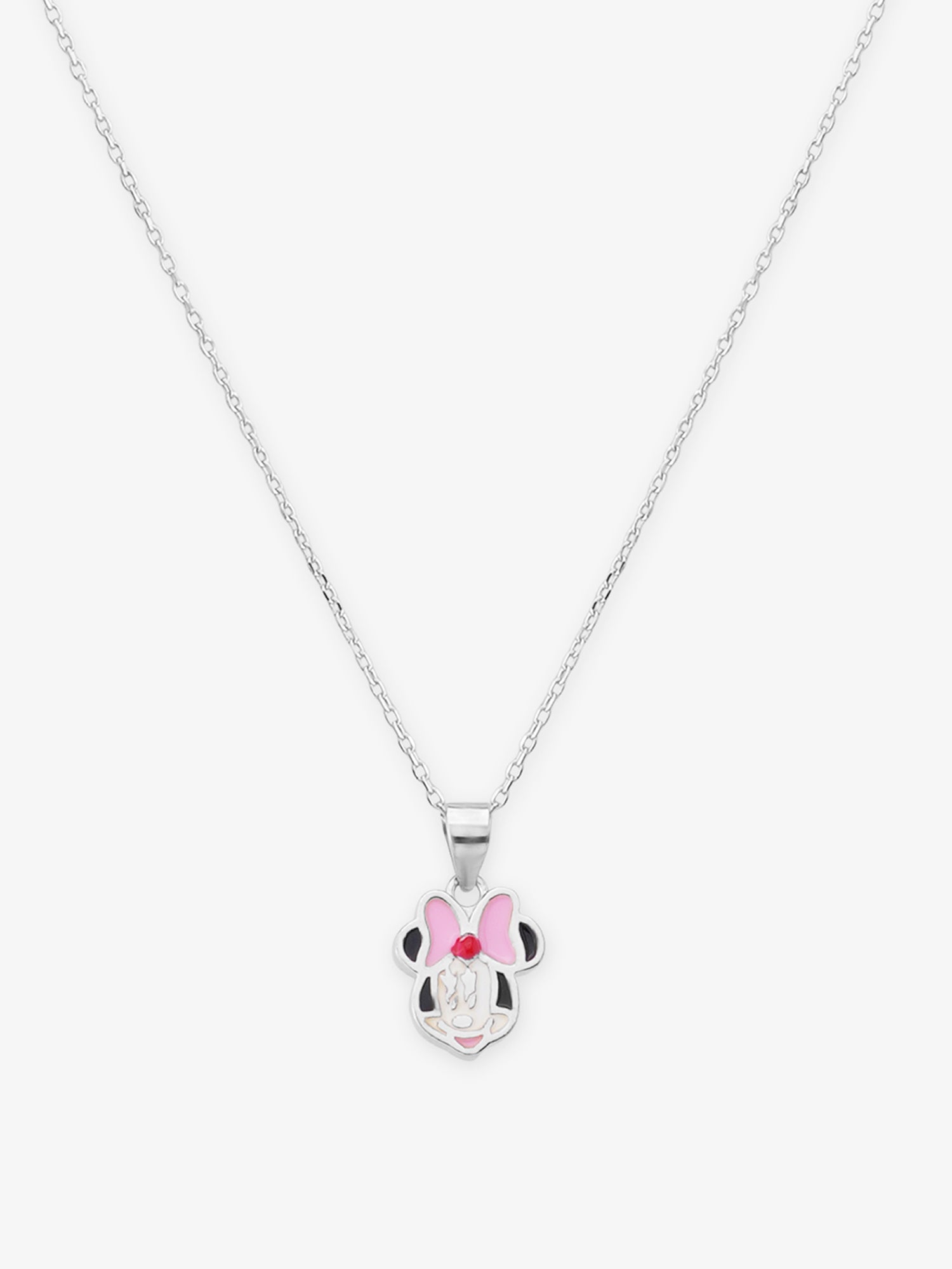 Close‑up of SIJA 925 silver Pink Bow Minnie Necklace showing pink bow Minnie pendant detailing and handcrafted sterling silver design