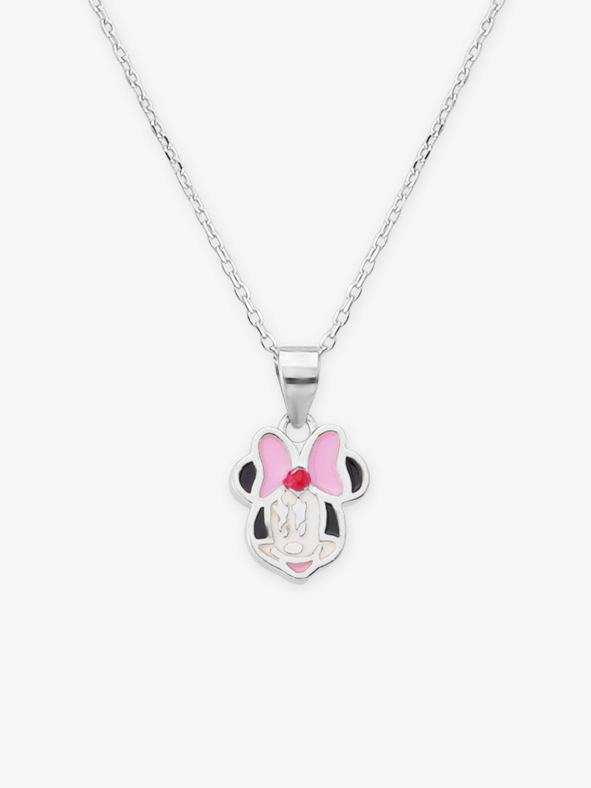 Close‑up of SIJA 925 silver Pink Bow Minnie Necklace showing pink bow Minnie pendant detailing and handcrafted sterling silver design