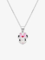 Close‑up of SIJA 925 silver Pink Bow Minnie Necklace showing pink bow Minnie pendant detailing and handcrafted sterling silver design