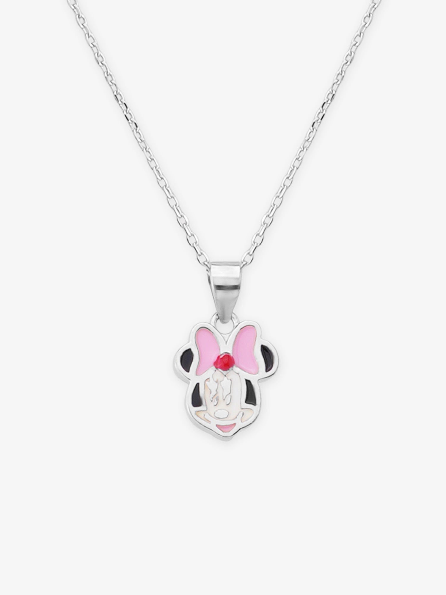 Close‑up of SIJA 925 silver Pink Bow Minnie Necklace showing pink bow Minnie pendant detailing and handcrafted sterling silver design