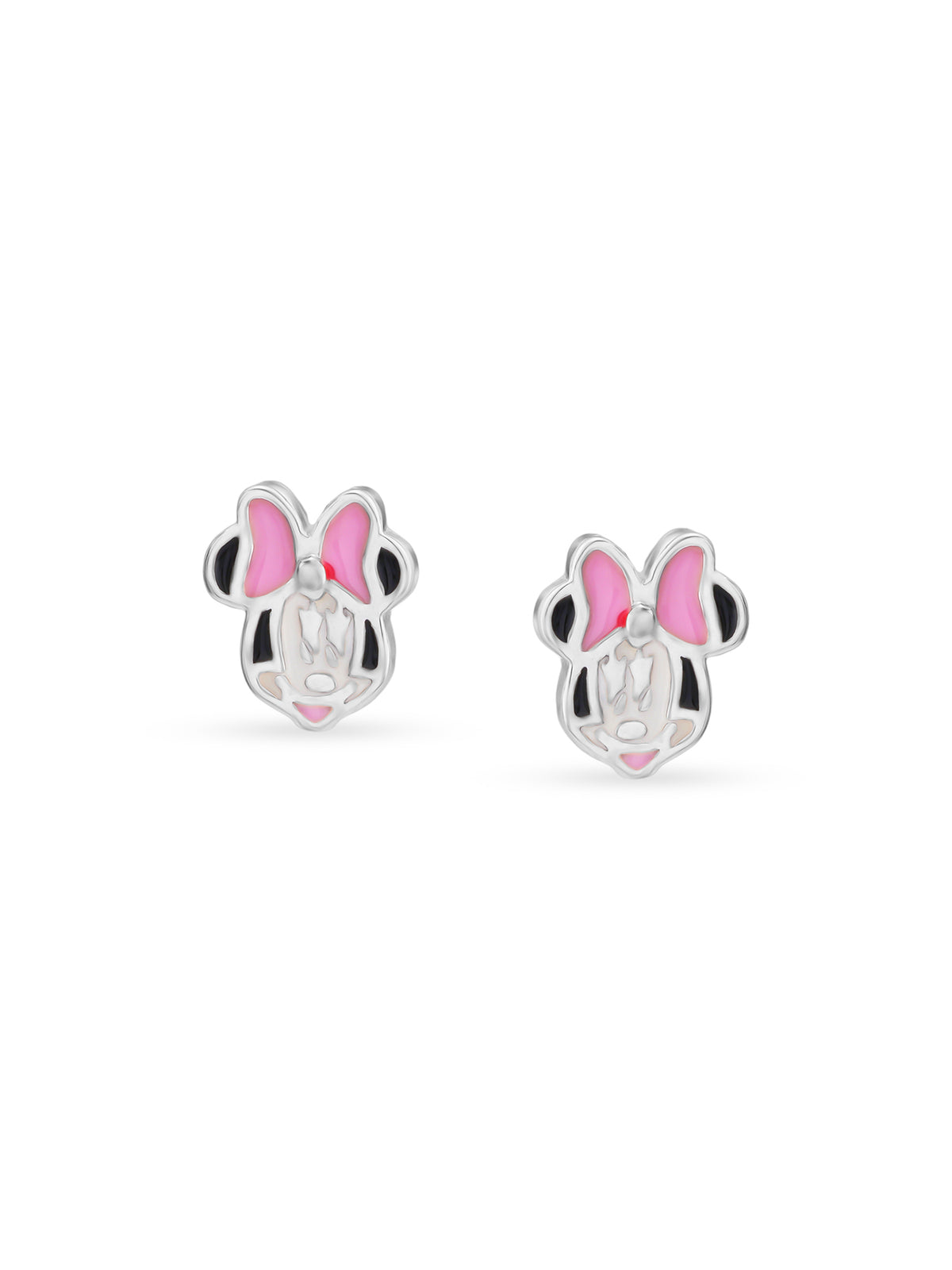 Detailed view of SIJA 925 silver Pink Bow Minnie Earrings highlighting intricate sterling silver finish and ornamental craftsmanship
