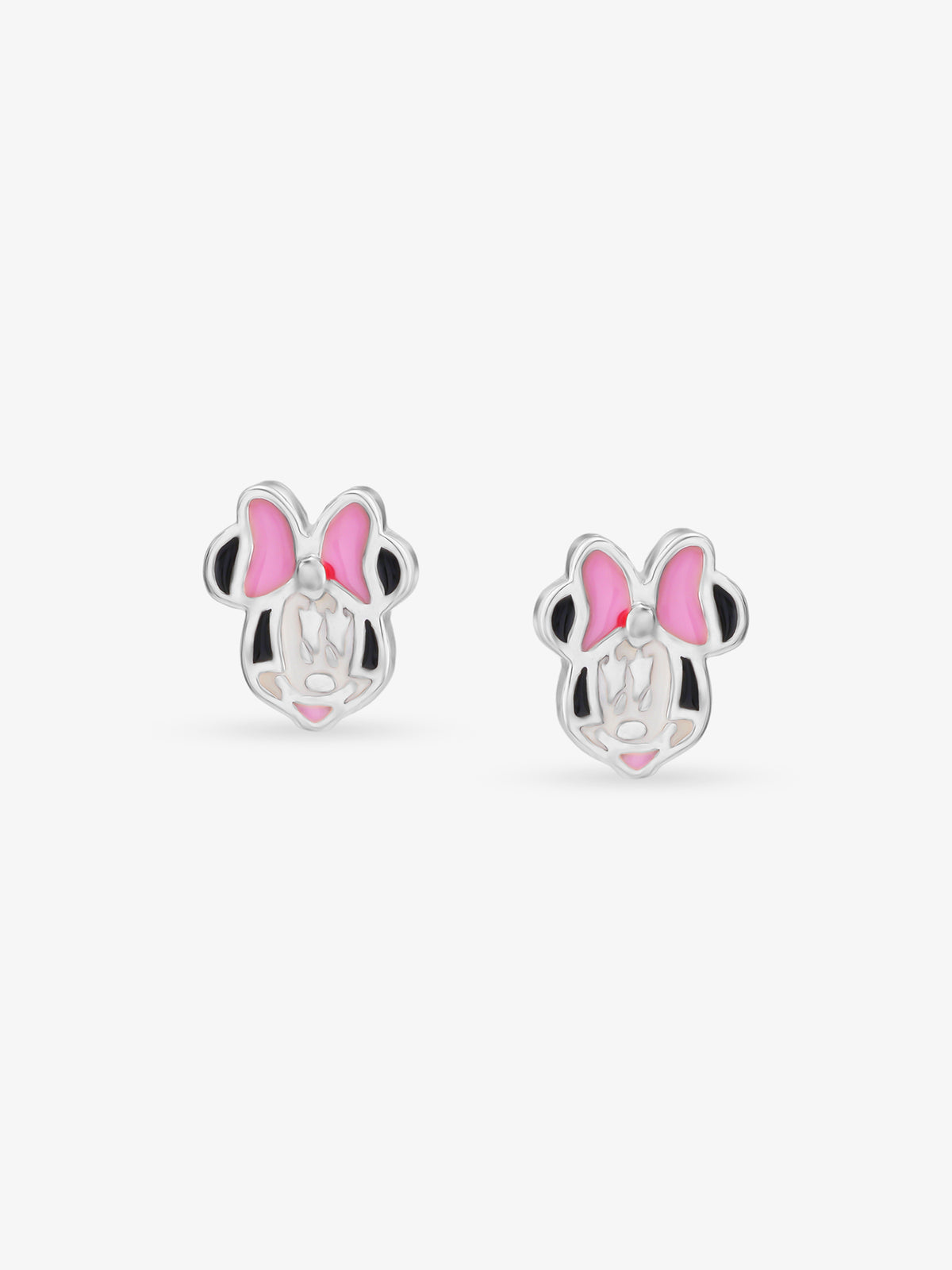 Detailed view of SIJA 925 silver Pink Bow Minnie Earrings highlighting intricate sterling silver finish and ornamental craftsmanship