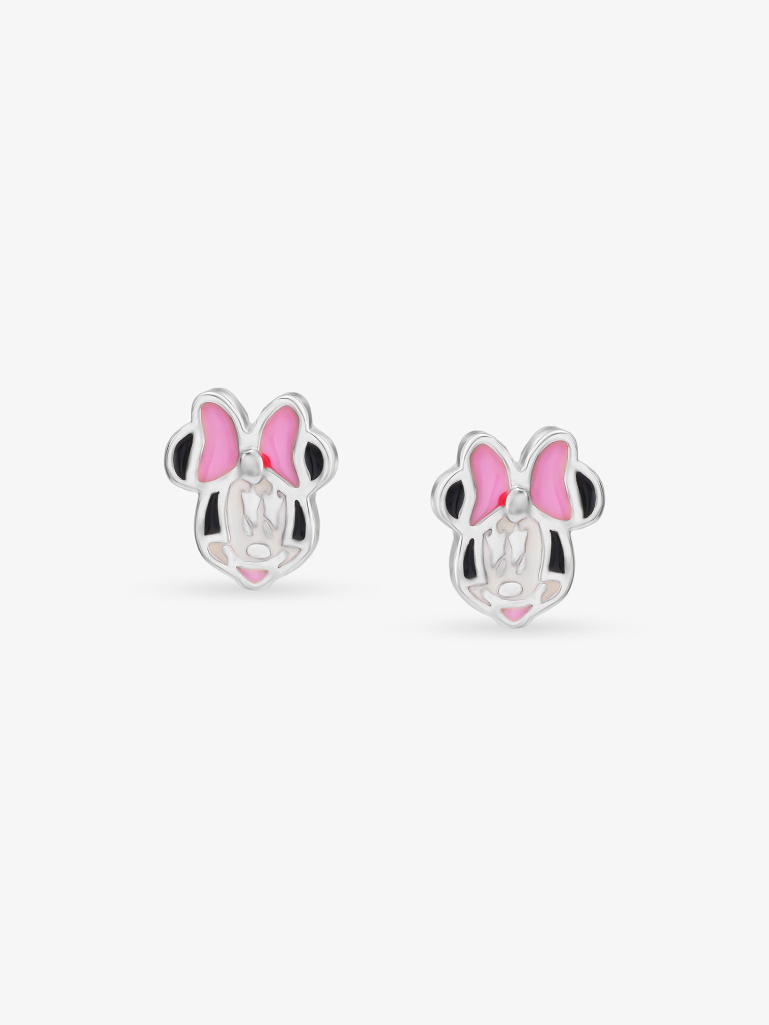 Detailed view of SIJA 925 silver Pink Bow Minnie Earrings highlighting intricate sterling silver finish and ornamental craftsmanship