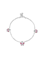 Detailed close up of SIJA 925 Silver Pink Butterfly Parade Anklet highlighting pink butterfly charm craftsmanship
