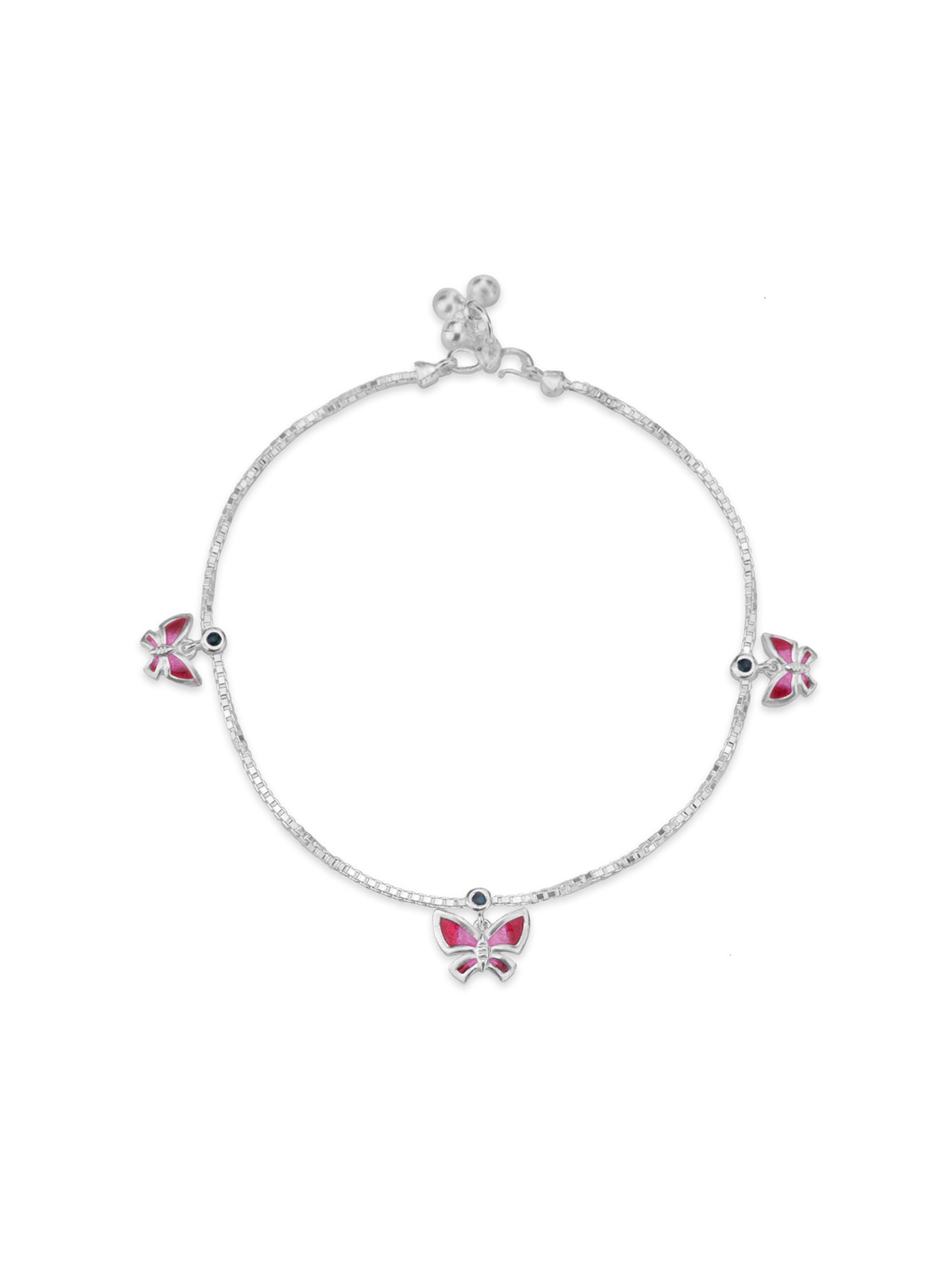 Detailed close up of SIJA 925 Silver Pink Butterfly Parade Anklet highlighting pink butterfly charm craftsmanship