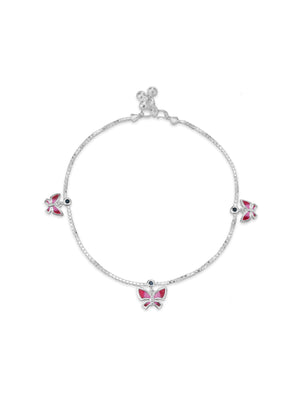 Detailed close up of SIJA 925 Silver Pink Butterfly Parade Anklet highlighting pink butterfly charm craftsmanship
