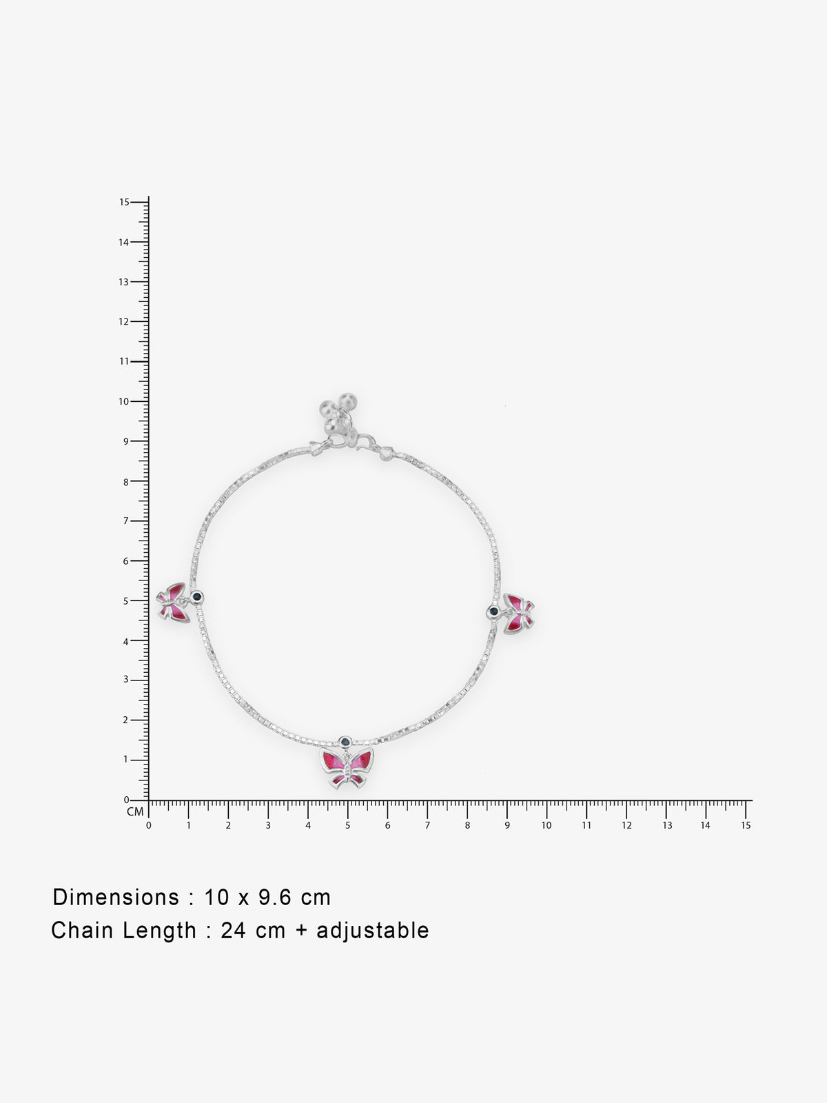Reverse view of SIJA 925 Silver Pink Butterfly Parade Anklet BIS 925 hallmark certified sterling silver jewellery
