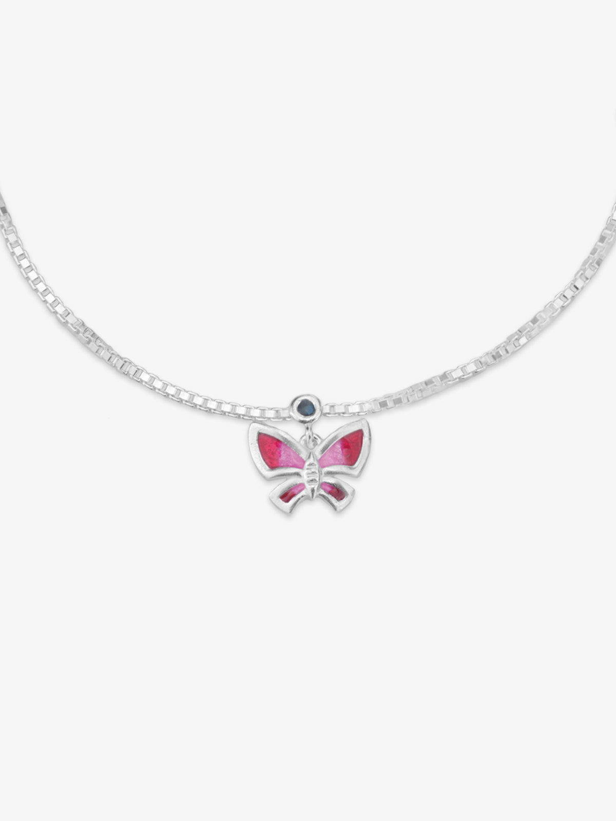 Detailed close up of SIJA 925 Silver Pink Butterfly Parade Anklet highlighting pink butterfly charm craftsmanship