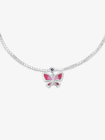 Detailed close up of SIJA 925 Silver Pink Butterfly Parade Anklet highlighting pink butterfly charm craftsmanship
