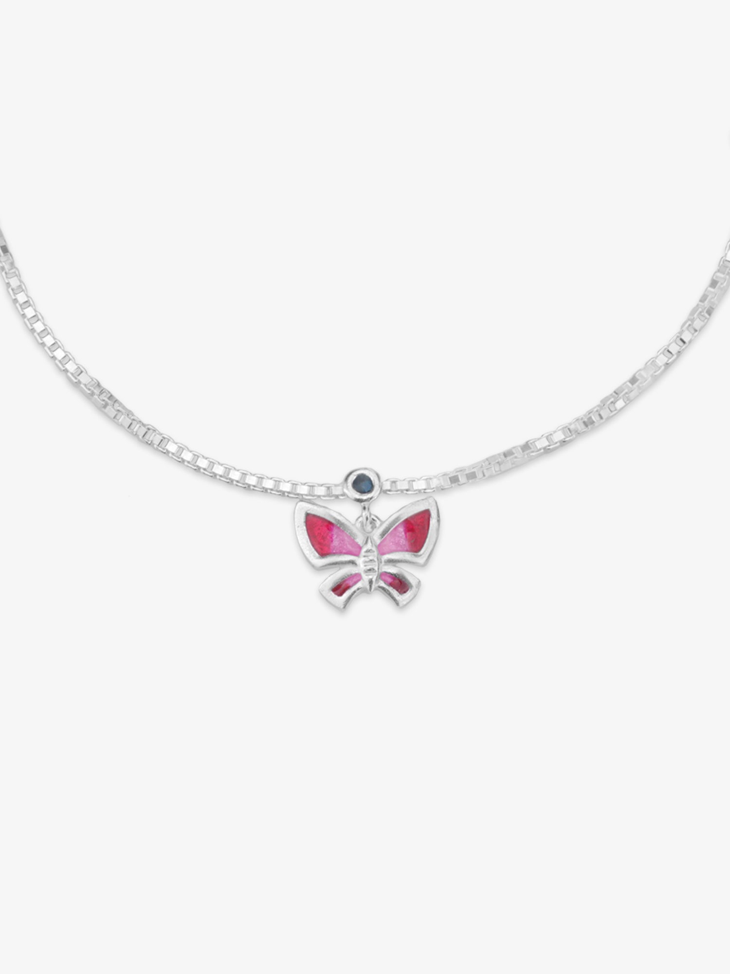 Detailed close up of SIJA 925 Silver Pink Butterfly Parade Anklet highlighting pink butterfly charm craftsmanship