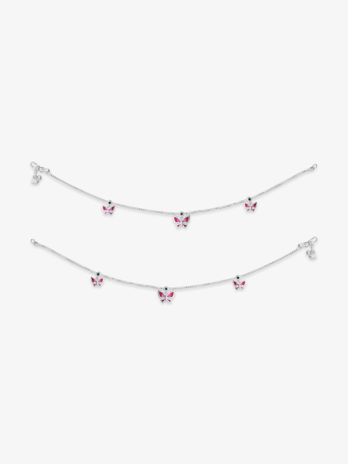 Detailed close up of SIJA 925 Silver Pink Butterfly Parade Anklet highlighting pink butterfly charm craftsmanship
