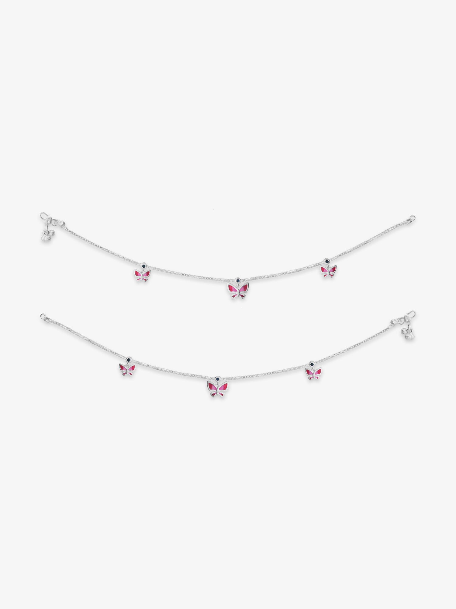 Detailed close up of SIJA 925 Silver Pink Butterfly Parade Anklet highlighting pink butterfly charm craftsmanship