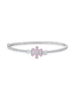 Detailed close up of SIJA 925 Silver Pink Floral Cuff Bracelet showing delicate pink floral charm and handcrafted silver finish