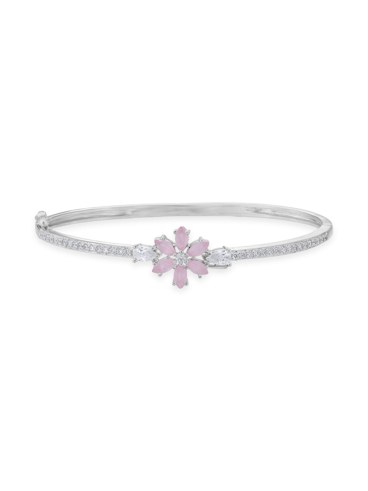 Detailed close up of SIJA 925 Silver Pink Floral Cuff Bracelet showing delicate pink floral charm and handcrafted silver finish