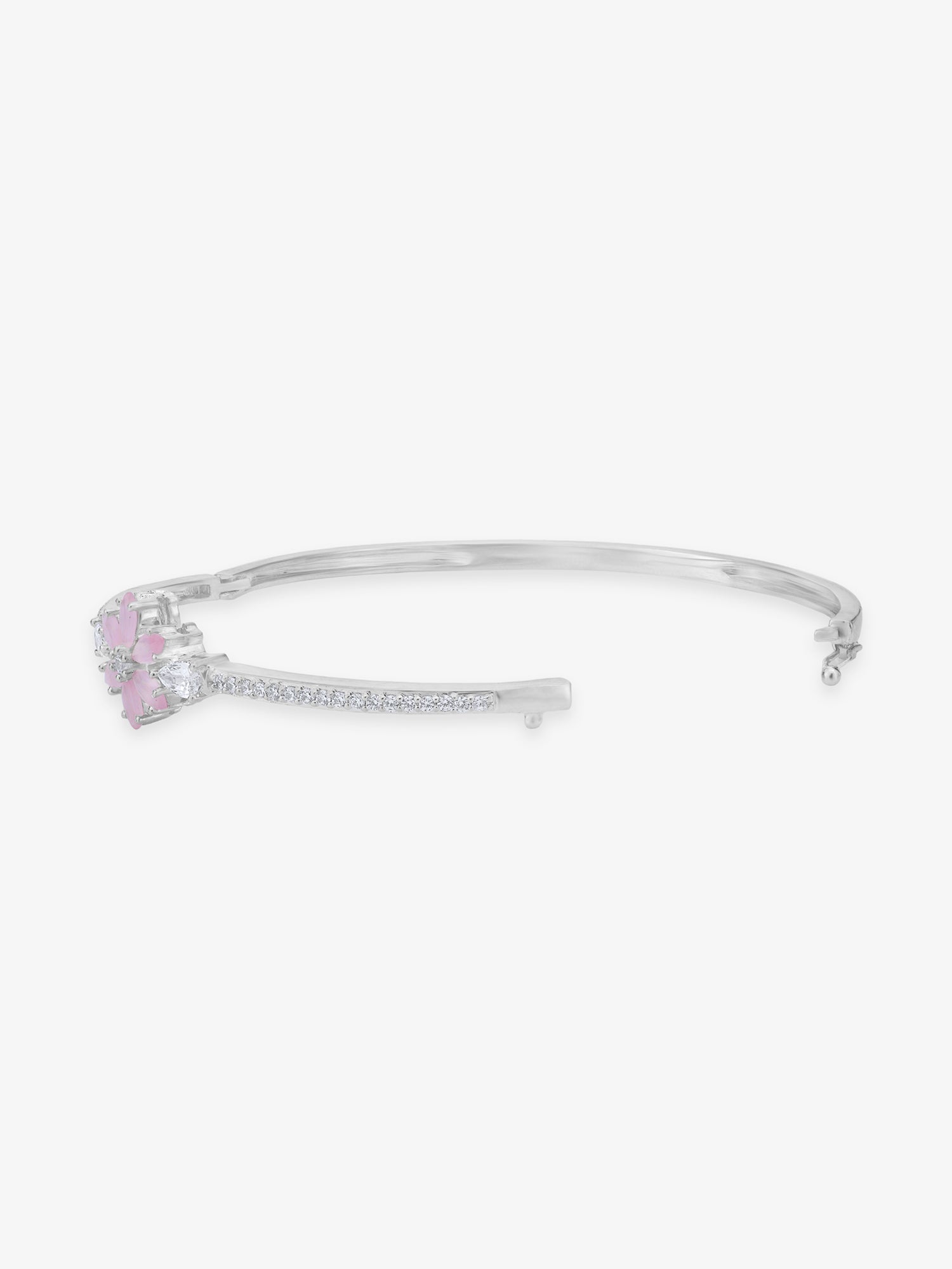 Side profile of SIJA 925 Silver Pink Floral Cuff Bracelet highlighting durable sterling silver craftsmanship and floral charm placement