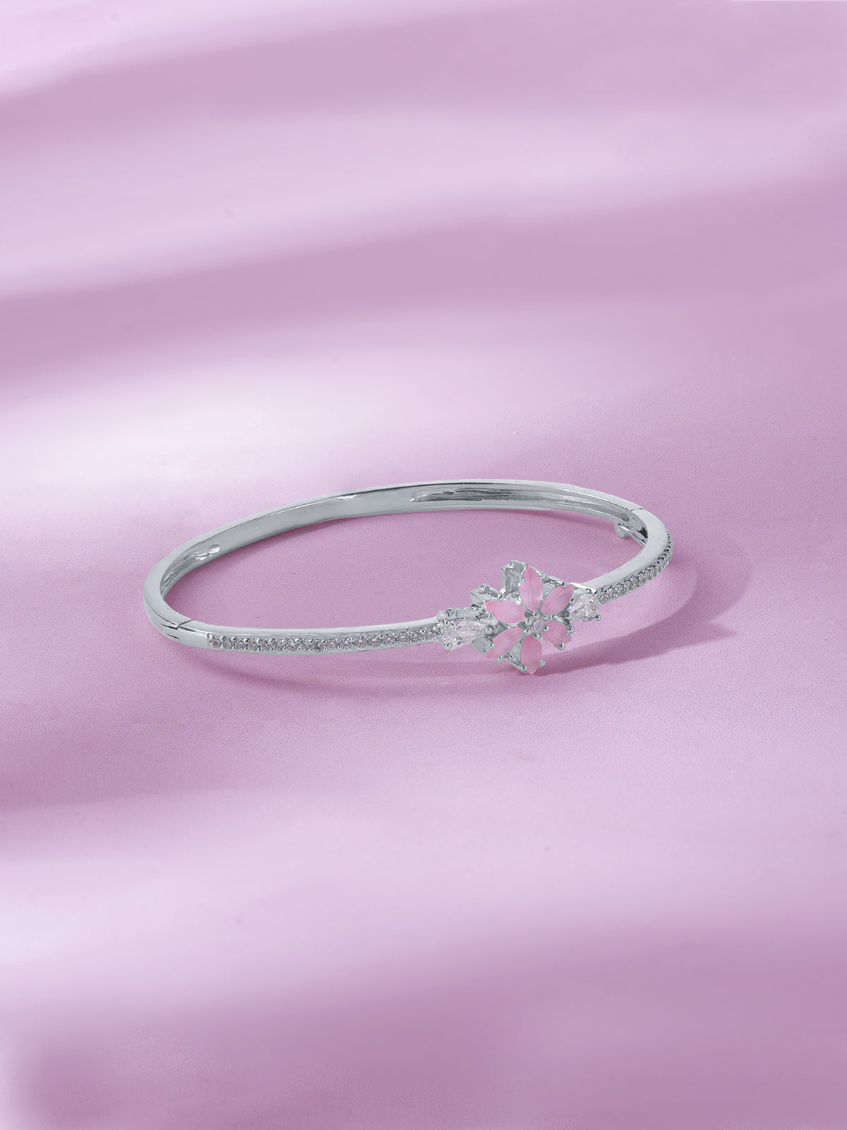 Detailed close up of SIJA 925 Silver Pink Floral Cuff Bracelet showing delicate pink floral charm and handcrafted silver finish