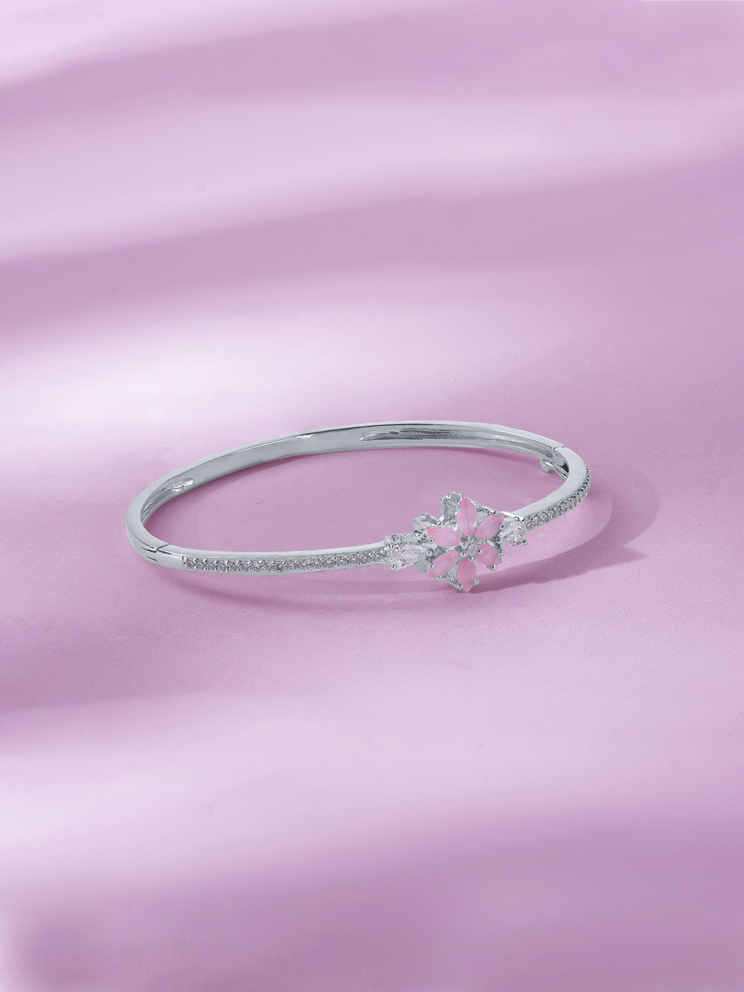 Detailed close up of SIJA 925 Silver Pink Floral Cuff Bracelet showing delicate pink floral charm and handcrafted silver finish
