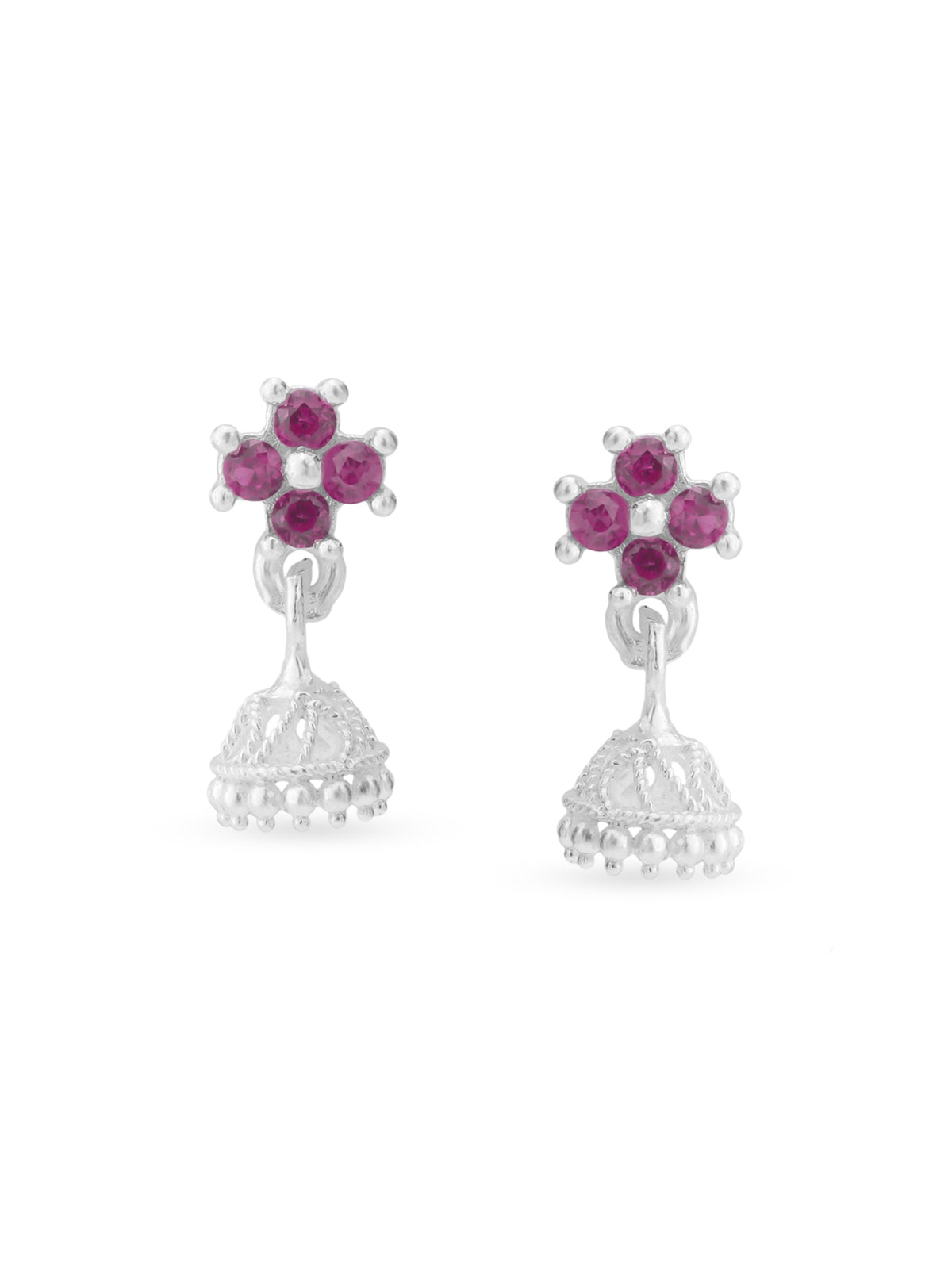 Detailed close up of SIJA Floral Jhumka showing delicate floral motif and premium silver craftsmanship