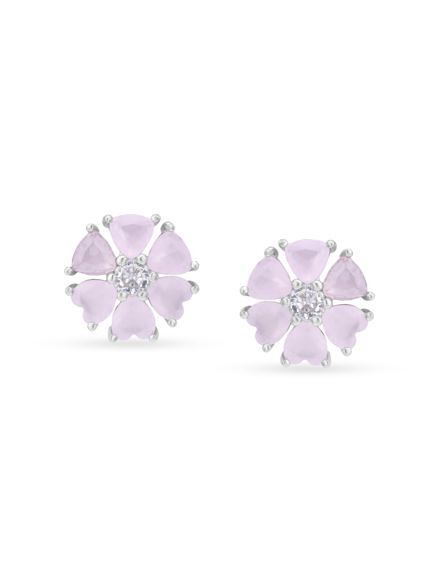 Detailed close up of SIJA Half Heart Bloom Stud showing sparkling half heart stone and delicate bloom motif craftsmanship