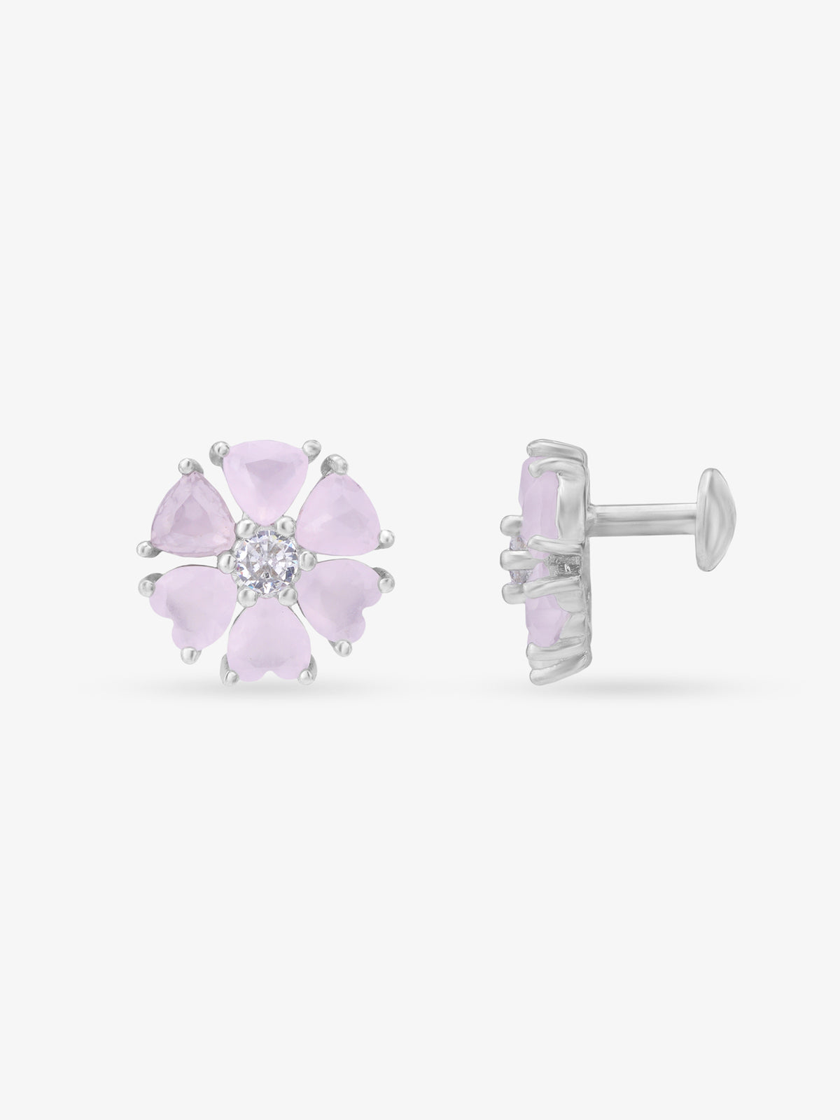 Side view of SIJA 925 Silver Half Heart Bloom Stud highlighting sleek silver setting with half heart bloom charm