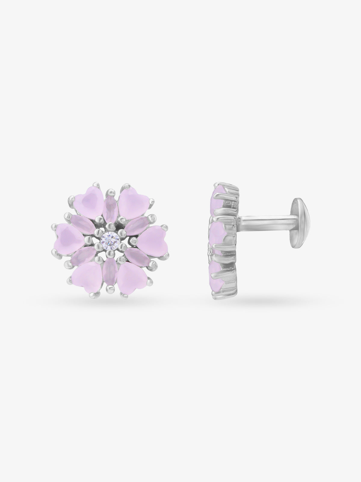 Side view of SIJA 925 Silver Heart Blossom Mini Stud highlighting sleek silver setting and blossom charm