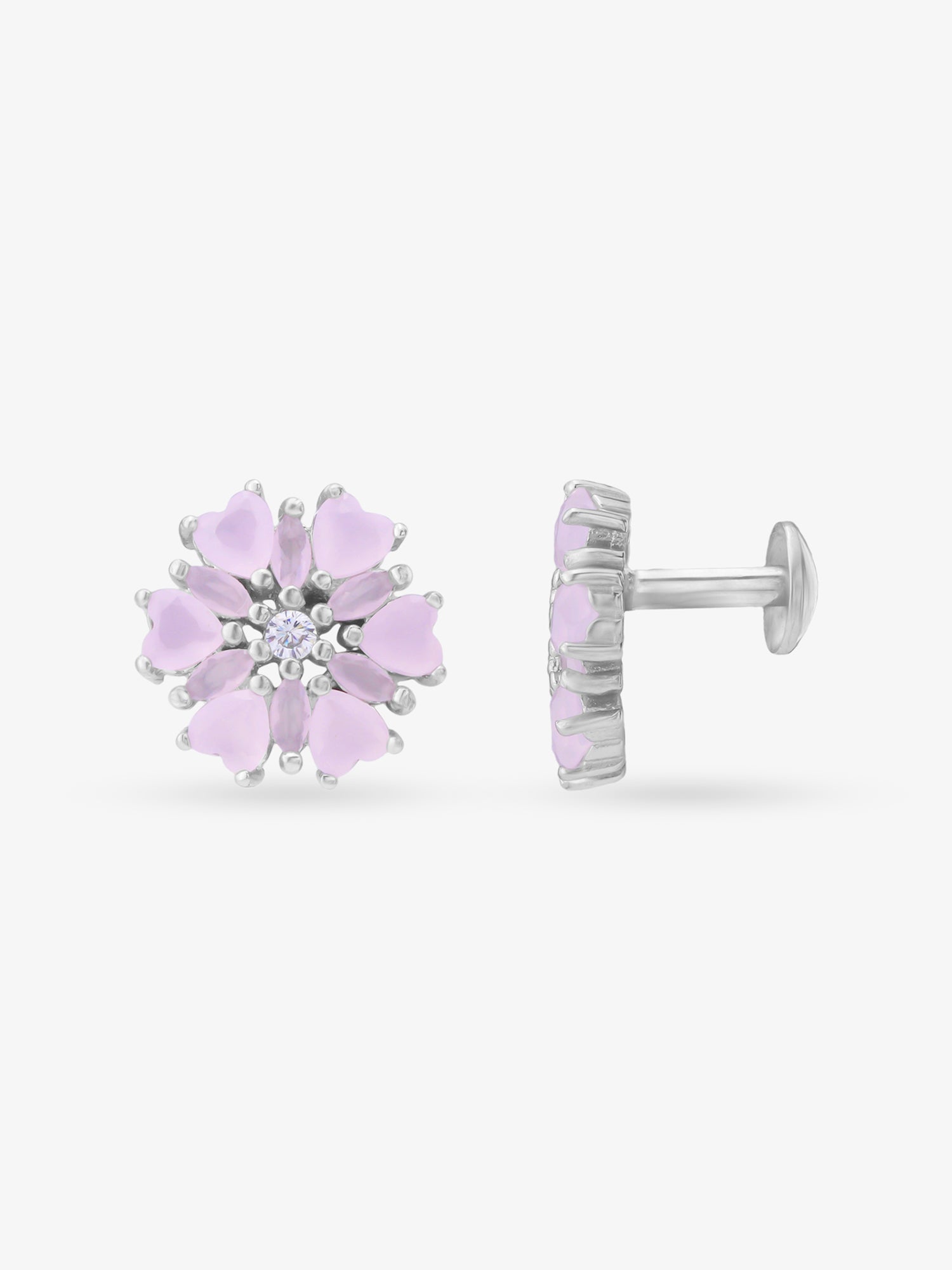 Side view of SIJA 925 Silver Heart Blossom Mini Stud highlighting sleek silver setting and blossom charm