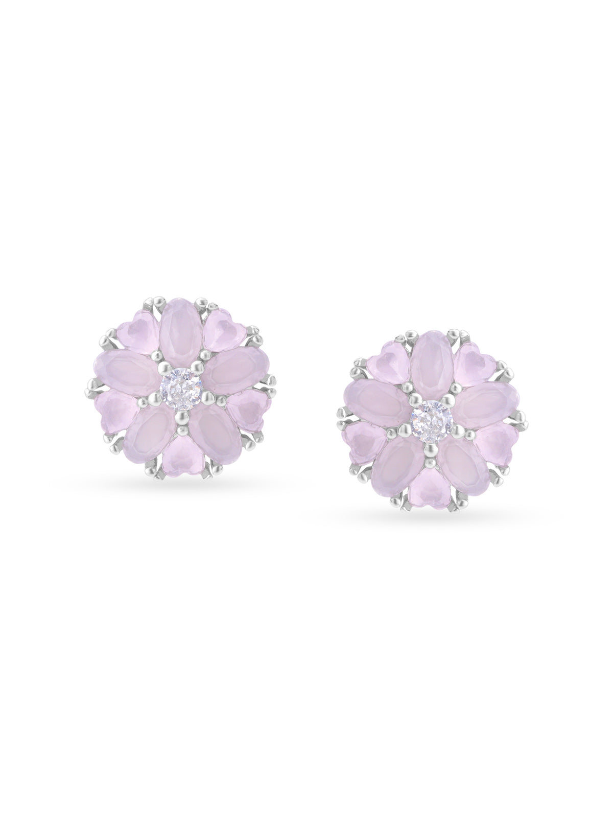 Detailed close up of SIJA Pink Heart Blossom Stud showing sparkling pink heart stone and delicate blossom motif craftsmanship