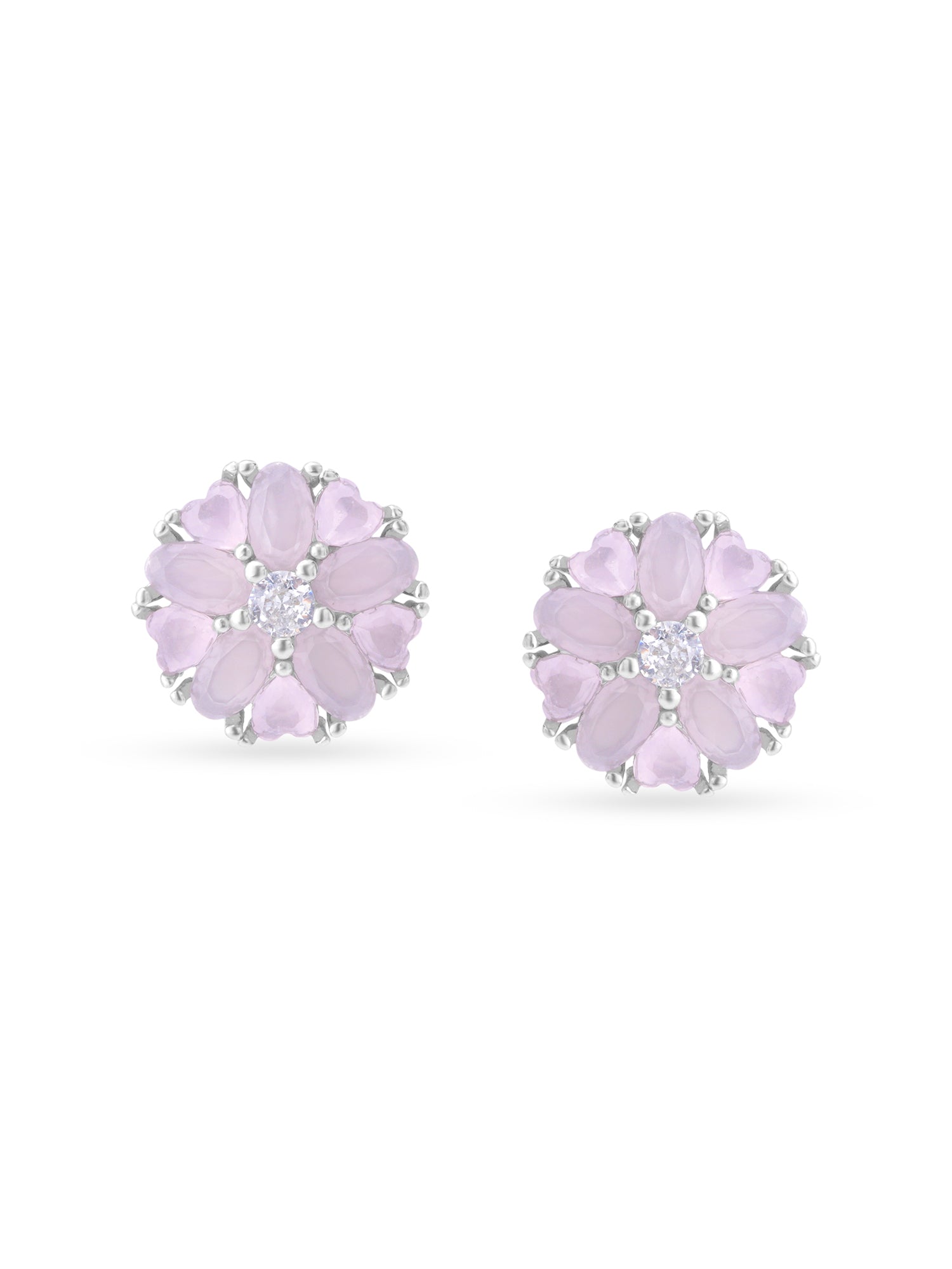 Detailed close up of SIJA Pink Heart Blossom Stud showing sparkling pink heart stone and delicate blossom motif craftsmanship