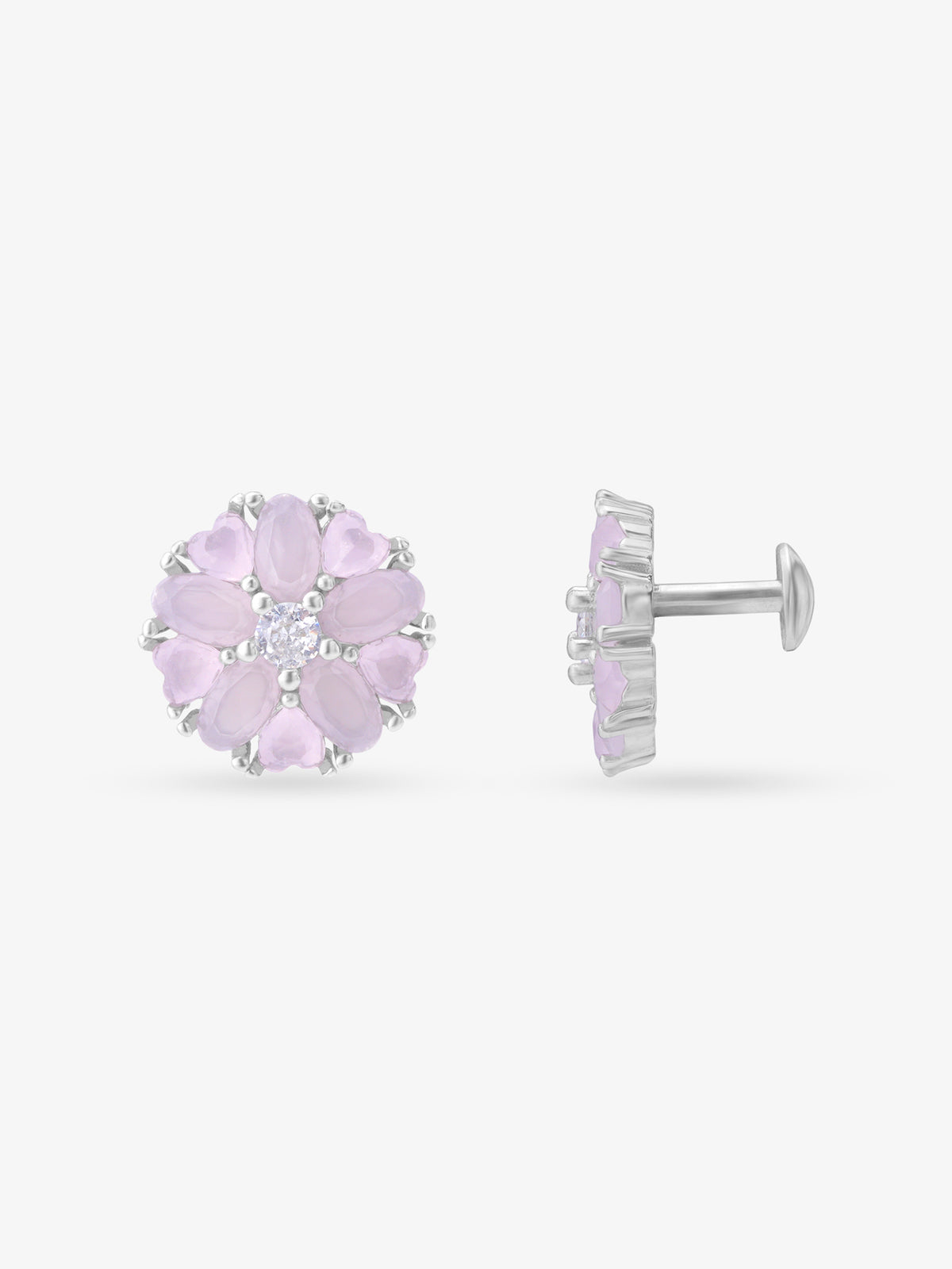 Side view of SIJA 925 Silver Pink Heart Blossom Stud highlighting sleek silver setting with pink heart blossom charm