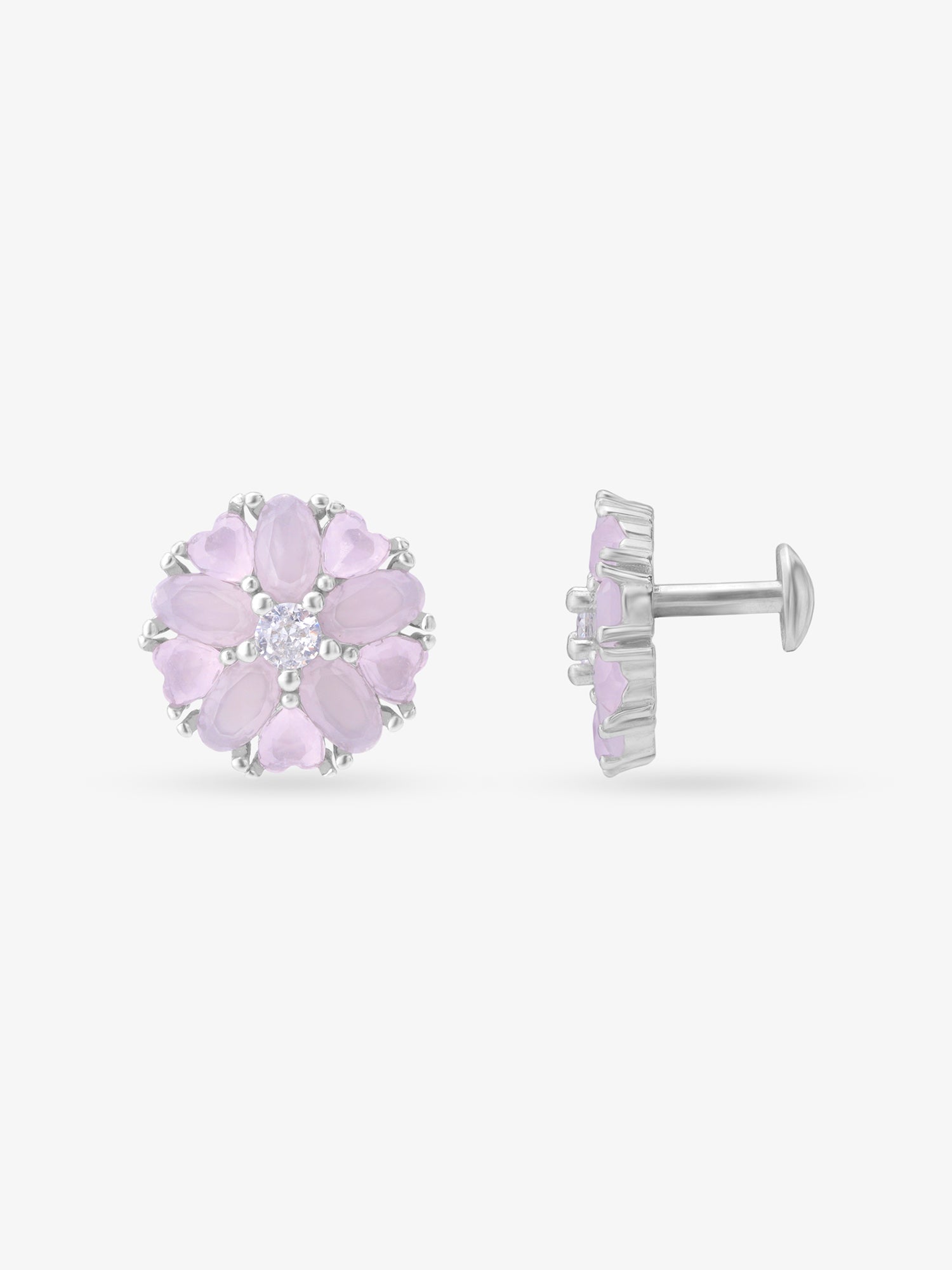 Side view of SIJA 925 Silver Pink Heart Blossom Stud highlighting sleek silver setting with pink heart blossom charm
