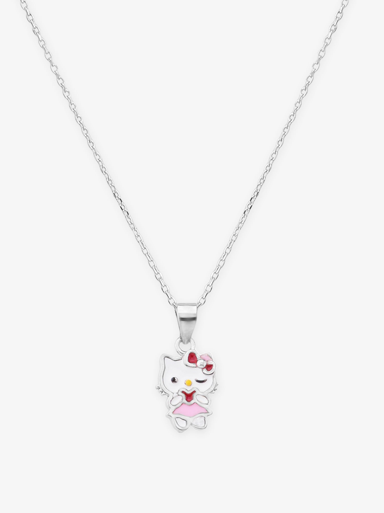 Close‑up of SIJA 925 silver Pink Hello Kitty Necklace showing pink Hello Kitty pendant detailing and handcrafted sterling silver design