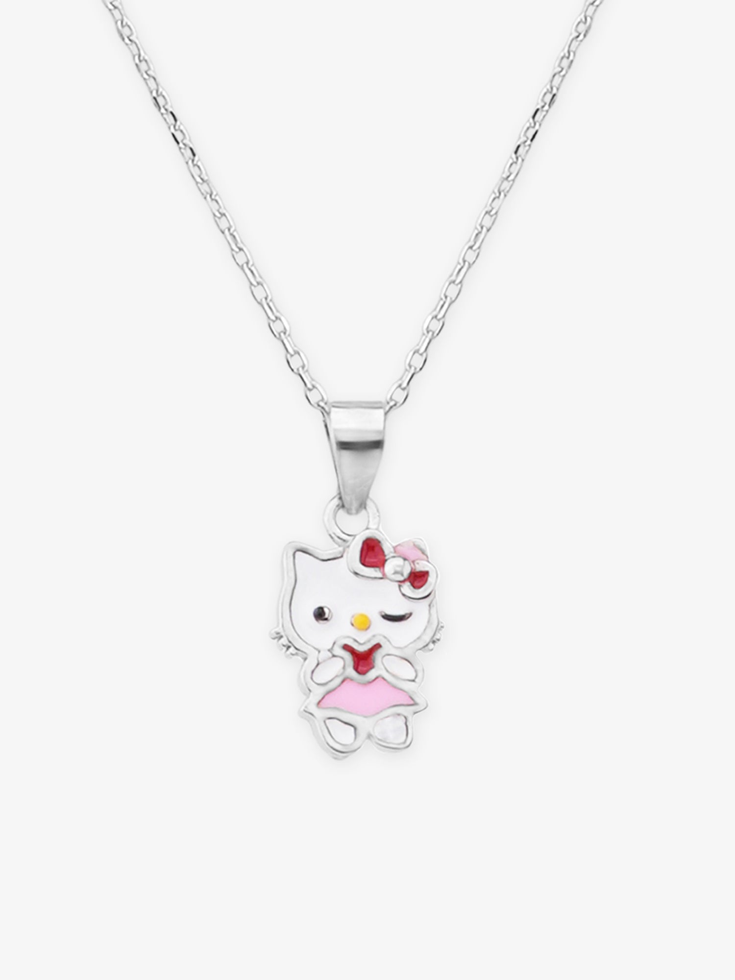 Close‑up of SIJA 925 silver Pink Hello Kitty Necklace showing pink Hello Kitty pendant detailing and handcrafted sterling silver design