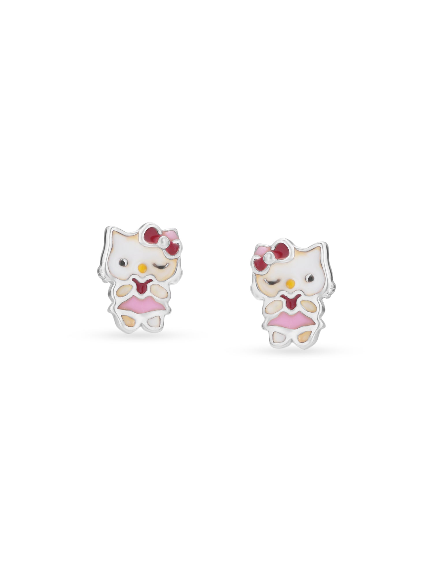 Detailed view of SIJA 925 silver Pink Hello Kitty Earrings highlighting intricate sterling silver finish and ornamental craftsmanship