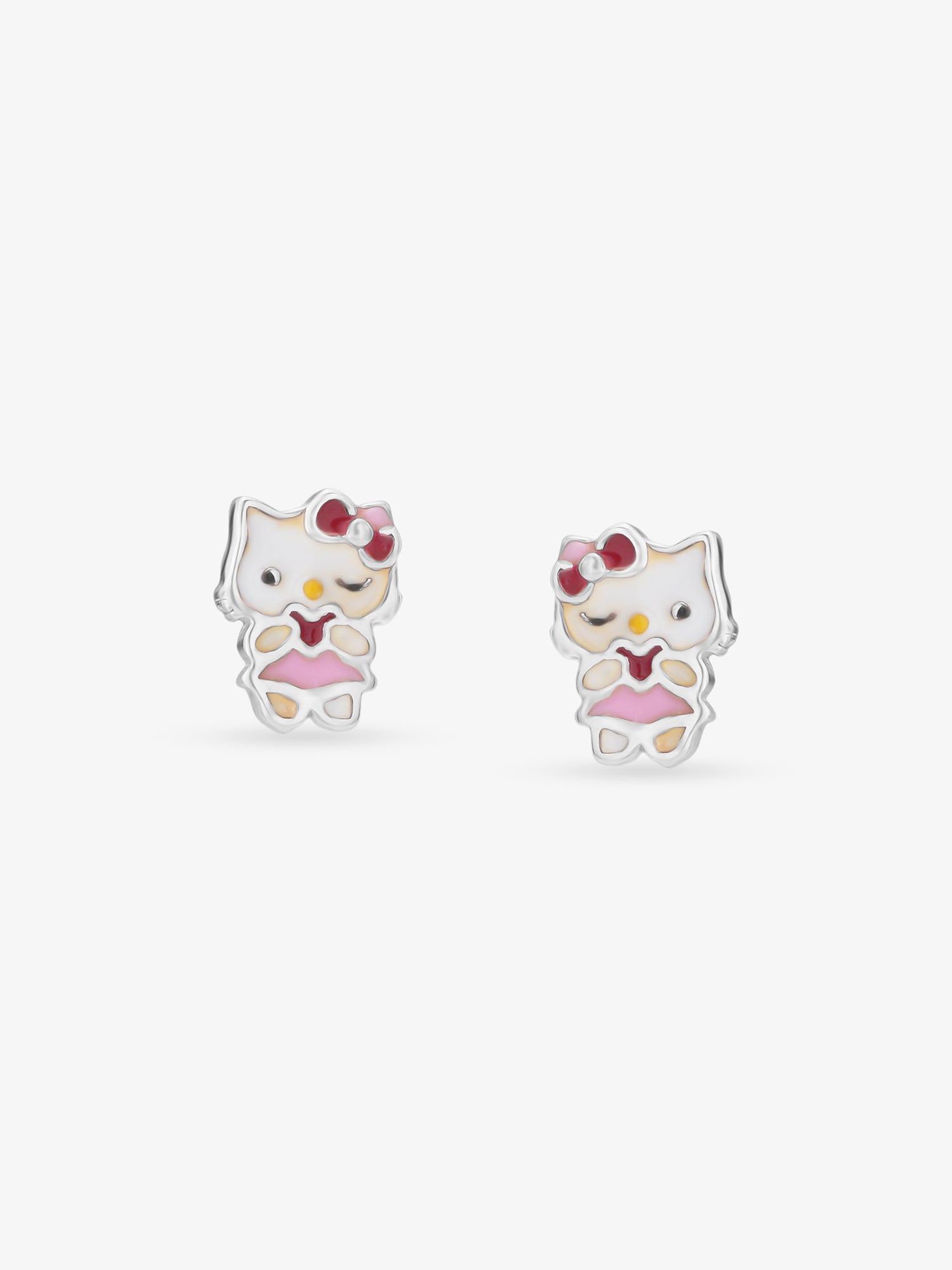 Detailed view of SIJA 925 silver Pink Hello Kitty Earrings highlighting intricate sterling silver finish and ornamental craftsmanship