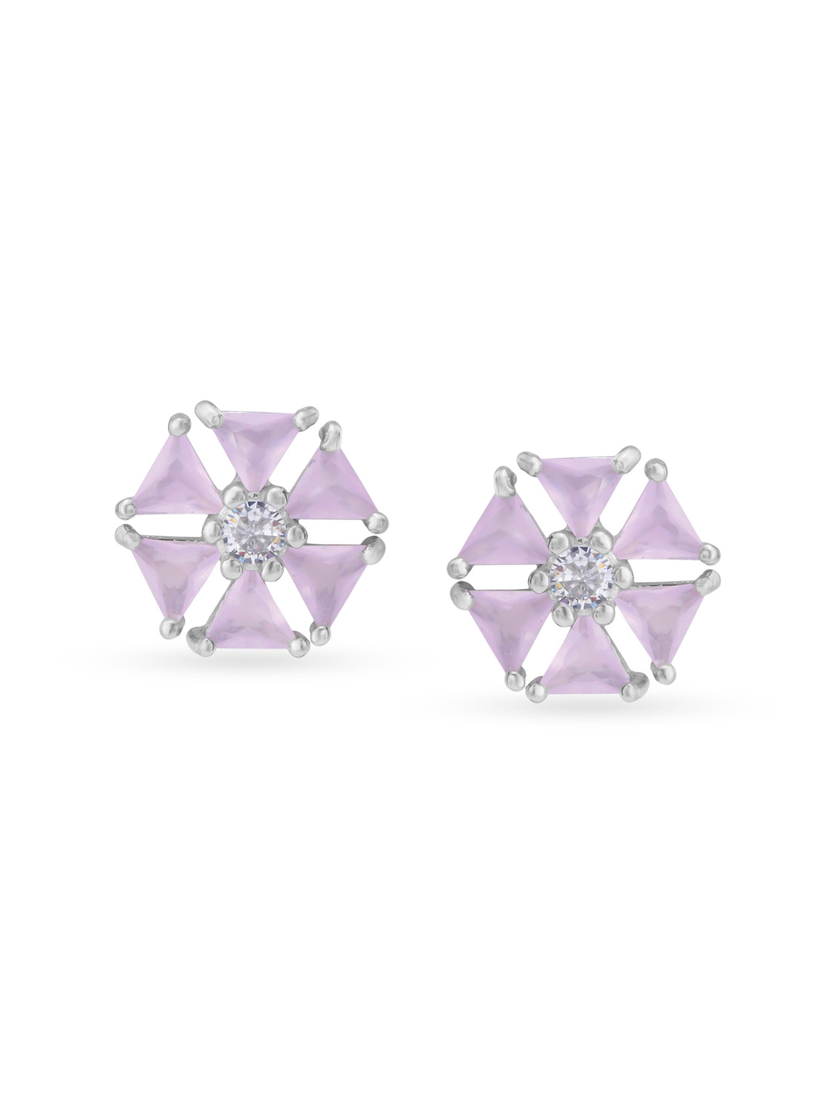Detailed close up of SIJA Pink Hexa Glow Stud showing sparkling pink hexagon stone and premium silver craftsmanship