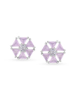 Detailed close up of SIJA Pink Hexa Glow Stud showing sparkling pink hexagon stone and premium silver craftsmanship